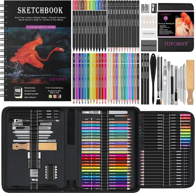 Produktbild von HIFORNY Zeichenset 176-teilig Skizzenset mit Skizzenbuch Kohle Graphit Aquarell Buntstifte für Anfänger und Fortgeschrittene inklusive Etui