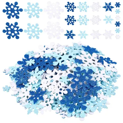 200 Schneeflocken-Sticker aus Glitzerschaum, 3 Farben, 14–42 mm