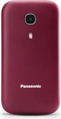 The back of a red Panasonic mobile phone is shown against a white background.