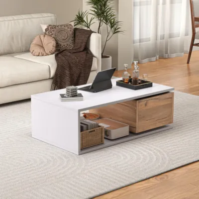 Produktbild von Couchtisch, Kaffeetish, Schublade 360° frei drehbar,Sofatisch mit 1 Schublade,Wohnzimmertisch mit Offener Lagerraum, Beistelltisch, 90*50*30cm