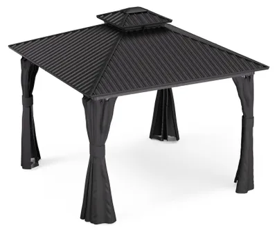 Produktbild von Blumfeldt ShadeFortress Hardtop Gartenpavillon 3x3 wasserdicht, stabil, winterfest, Aluminiumrahmen, Doppeldach für Luftzirkulation, mit Vorhängen und Moskitonetz