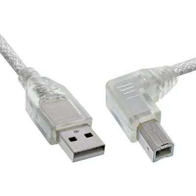 Produktbild von InLine USB 2.0 Kabel, A an B rechts abgewinkelt, transparent, 2m, 2 m, USB A, USB B, Männlich/Männlich, 0,48 Gbit/s, Transparent