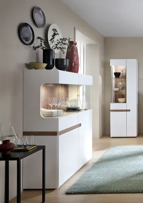 Produktbild von Wohn-/Esszimmer Vitrinen Set mit Beleuchtung in weiß Hochglanz mit Trüffel Eiche Nb. LEGNICA