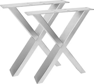Two silver-colored metal table legs with an X-shaped design, presented against a white background.