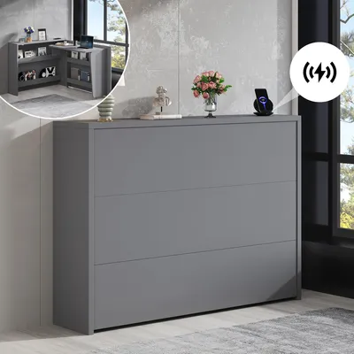 A gray dresser with a small inset image of a corner desk.