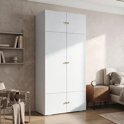 Image de Armoire avec barre de suspension et portes, meuble de rangement avec compartiments, meuble haut avec espace de rangement, dimensions 90 x 50 x 200 cm, blanc, en panneaux de particules