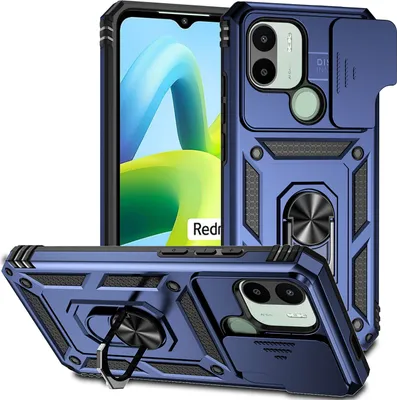 A blue phone case with a ring holder and camera slider is displayed with a phone inside.