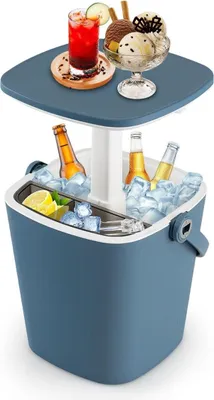 Image de Bar réfrigérant portable de 15 L avec plateau de table relevable et accoudoirs. Ouvre-bouteille table d'appoint glacière bleu
