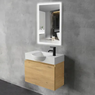 Produktbild von Alpenberger Badmöbel Set mit LED Spiegel | Badschrank Hängend | Badezimmerschrank mit Spiegel | Badmöbel für Kleine Bäder + Gäste WC | Waschtisch mit Unterschrank Eiche Natur