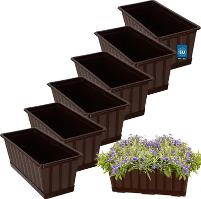 Produktbild von KOTARBAU® 6er Set Blumenkasten Blumentopf für Balkon 40 x 18 x 14 cm Braun Balkonkasten Balkongeländer Pflanzkasten mit Untersetzer aus Kunststoff Rechteckig
