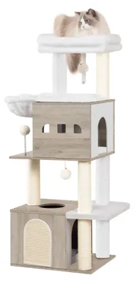 Image de Arbre à chat - Structure d'escalade et meuble à griffer - 3 niveaux - 2 niches avec des surfaces de repos rembourrées - 4 poteaux à griffer en chanvre - Gris clair
