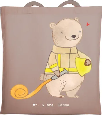 Produktbild von Mr. & Mrs. Panda Einkaufstasche Bär Freiwillige Feuerwehr - Braun Pastell - Geschenk, Tragetasche, Shopping Tasche, Feuerwehrfest, Jugendfeuerwehr, Jutebeutel, Uni