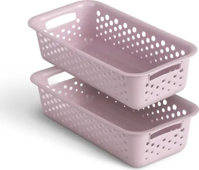 Two pink storage baskets stacked on a white background.