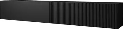 A black TV lowboard with a fluted front panel on one side and a smooth front panel on the other, shown against a white background.