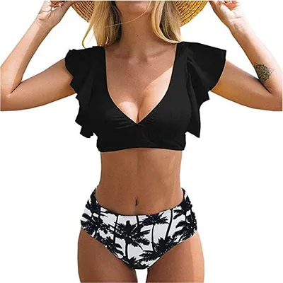 Produktbild von Damen-Bikini mit hoher Taille, Push-Up-Bikini, bedruckt, Bademode, Strandmode L