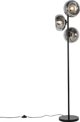 Produktbild von Art Deco Stehlampe Schwarz mit Rauchglas 3 Flammig Ayesha