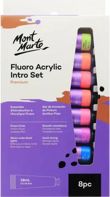 Produktbild von Mont Marte Acrylfarben Set – Fluoreszierend – 8 Stück, 18 ml Tuben, Neoneffekt unter Schwarzlicht – für Leinwand, Holz, Steine, Textil, Glas uvm.