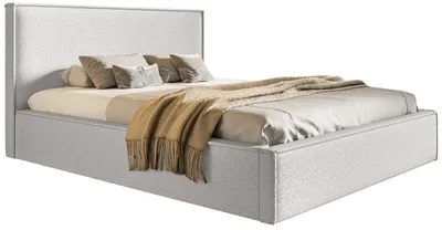 Obrázek produktu pro Manželská postel s úložným prostorem 180x200 Kyoto – kovový rošt a čelo postele – bouclé látka, krémová