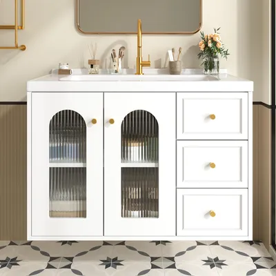 Produktbild von Merax Waschtischunterschrank hängend mit Keramikwaschbecken, 2 Schubladen, 2 Glastür, Badezimmerschrank 80 cm mit Goldfarbene Metallgriffe, Weiß