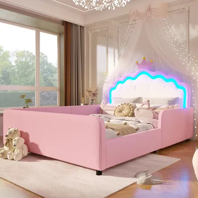 Produktbild von Flieks Kinderbett 140x190cm mit Kopfteil in Kronenform, Polsterbett mit Led, Kinder Schlafsofa Doppelbett mit Rausfallschutz und Lattenrost, PU, Rosa