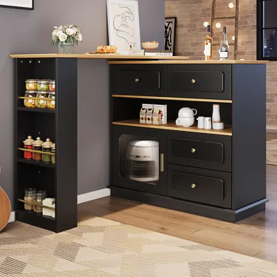 Produktbild von STILVORA Bartisch mit stauraum,360° drehbare Esstisch mit Snackregal,Sideboardschrank Buffetschrank mit Regalen und Bogenglas