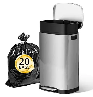 Imagen del producto de Cubo de basura para cocina, 50 litros, de acero inoxidable. Cubo de basura de 50 litros con pedal, tapa de cierre suave y cubo interior extraíble. Diseño rectangular, color plateado