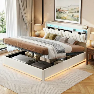 Immagine prodotto di Letto imbottito - Letto matrimoniale - Con spazio contenitivo e vano portaoggetti - Con luci LED e prese USB - 140 x 200 cm - Beige