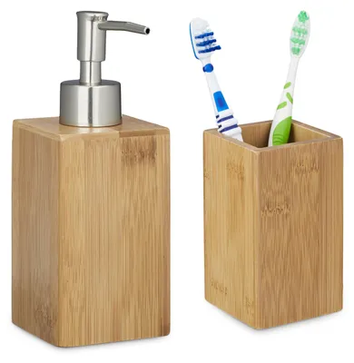 Produktbild von 2 tlg Badutensilien Set aus Bambus, Zahnputzbecher, Seifenspender manuell, Lotionspender, natur