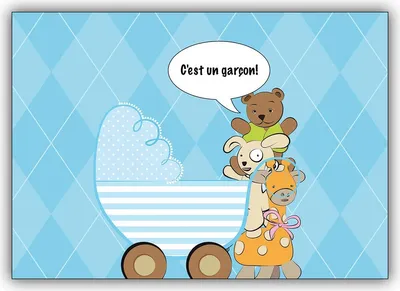 Produktbild von Nette französische Babykarte (Junge) mit Kinderwagen, hellblaue