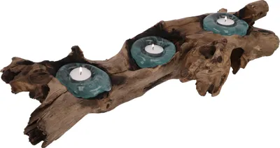 Produktbild von Wurzelholz mit Teelichthalter aus Mundgeblasenem Glas - Modell 3, Glas,Holz, 10*45*15 cm, Teelichthalter & Kerzenhalter