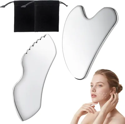 Produktbild von 2 Gua Sha-Werkzeuge aus Edelstahl, Gesichts-Massage mit Gua Sha-Stein