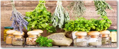 Immagine prodotto di Pannello protettivo per cucina Tulup® in vetro temperato - 125x50 - Protezione anti-schizzi, ideale per alimenti e bevande, con decorazioni a tema erbe aromatiche