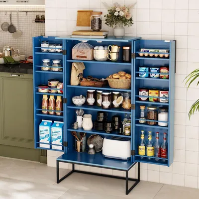 Image de Armoire de cuisine avec étagères réglables, couleur bleue, dimensions 118 x 59 x 30 cm