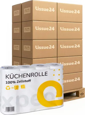 Produktbild von Küchenrolle 3-lagig Zellstoff – 25×22 cm, hochweiß, saugstark & reißfest, 32 Rollen/VE, Palettenware (40 VE)