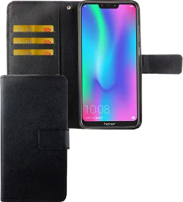 A black flip case for a Huawei P Smart 2019 phone is shown open, revealing the phone's screen and card slots within the case.