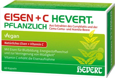 Produktbild von HEVERT Eisen + C pflanzliche Kapseln für Blutbildung, Energiestoffwechsel und zur Verringerung von Müdigkeit, 60 St. Kapseln