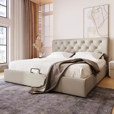 Produktbild von MODFU Boxspringbett Hydraulisches160x200cm Polsterbett mit Bettkasten, Lattenrost und Stauraum, Metallrahmen und verstellbares Kopfteil, Doppelbett aus Leinen, Naturfarbe(Ohne Matratze)