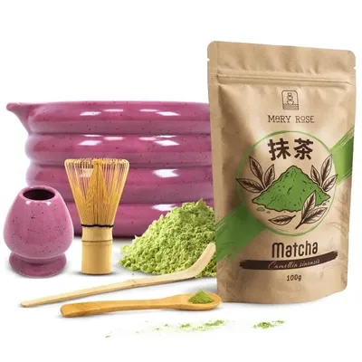 Produktbild von Mary Rose - Matcha Tee Set Pulver 100g - Lila Keramik Matchawan Schale Beri 500ml Mit Ausguss - Kusenaoshi - Bambus Chasen Besen Zubehör