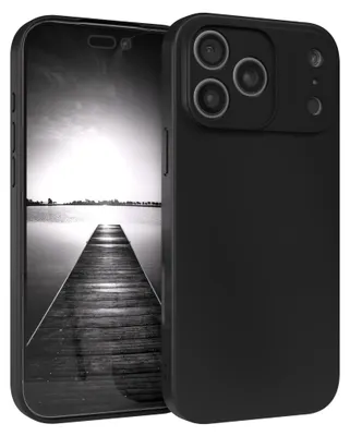 A black smartphone case is shown from a diagonal angle, with the phone's screen displaying a black and white image of a pier leading into water.
