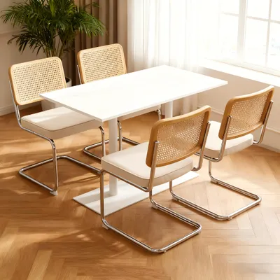 Productafbeelding van Eetkamerstoelen set van 4, fluweel, met rattan-look, chroom poten, design uit het midden van de eeuw (Breuer-stijl), gestoffeerd