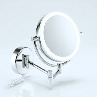 A close-up, studio shot of a silver LED cosmetic mirror mounted on a wall.