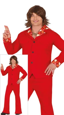 Productafbeelding van Disco danseres kostuum uit de jaren 70, retro stijl, geschikt voor carnaval, een feest of andere gelegenheden. Maat: 52 - 54 (L). Kleur: Rood
