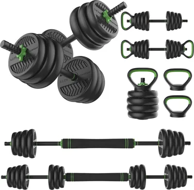 Produktbild von Modulares Vinyl-Hantel-Set für Zuhause, 20 kg oder 28 kg, Langhantel, Kurzhanteln & Kettlebell in einem