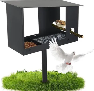 Produktbild von Vogelhaus mit Stand, wetterfest. Großer, stabiler Vogeltränke aus Metall. Vogeltränke mit Futterplatz, abnehmbarer Standfuß, robust