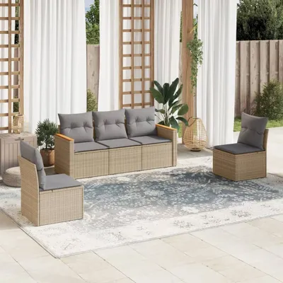 Produktbild von Design 5-tlg. Garten-Sofagarnitur mit Kissen Beige Poly Rattan, Gartenmöbel-Sets 2024 Neu