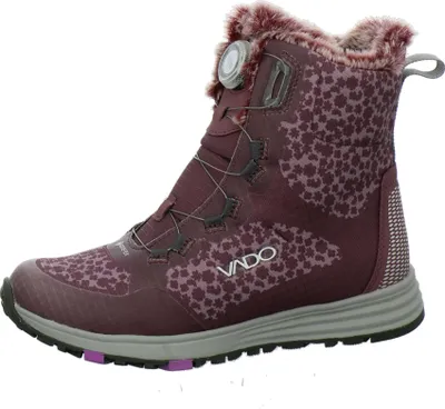 A single pink winter boot for children is shown against a white background.