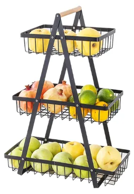 Zdjęcie produktu dla 3-poziomowy stojak na owoce i warzywa z drewnianym uchwytem