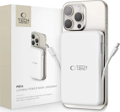 Produktbild von Powerbank Tech-Protect LifeMag PB31 z MagSafe 10000mAh 15W USB-C / USB-A / wbudowane kable USB-C / Lightning - biały