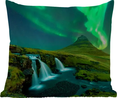 Produktbild von MuchoWow® Outdoor Kissen - Nordlichter - Wasserfall - Berg - Island - 45x45 cm - Wetterfest - Lounge Kissen - Fotokissen - Dekoratives Kissen