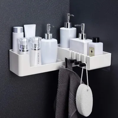 Produktbild von Duschablage Ohne Bohren, Duschregal Badezimmer Eckregal Weiß Duschkorb mit 4 Haken für Küche